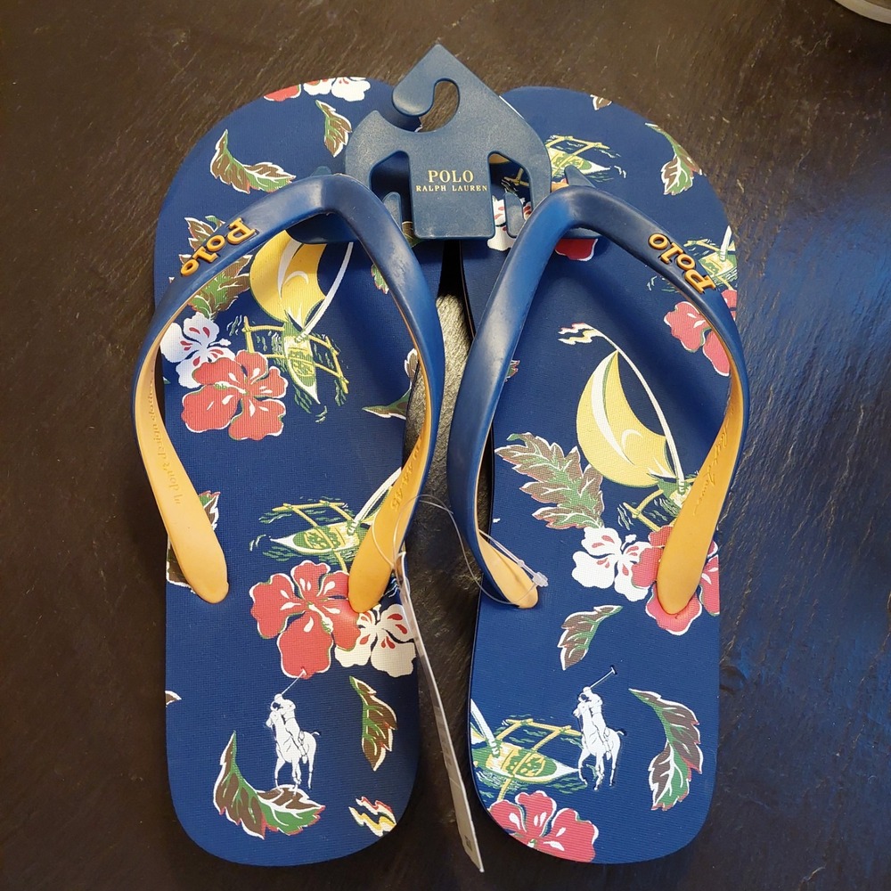 NEW! Polo Ralph Lauren Men's Tropical Floral Flip Flop Sandals Blue Size 12M